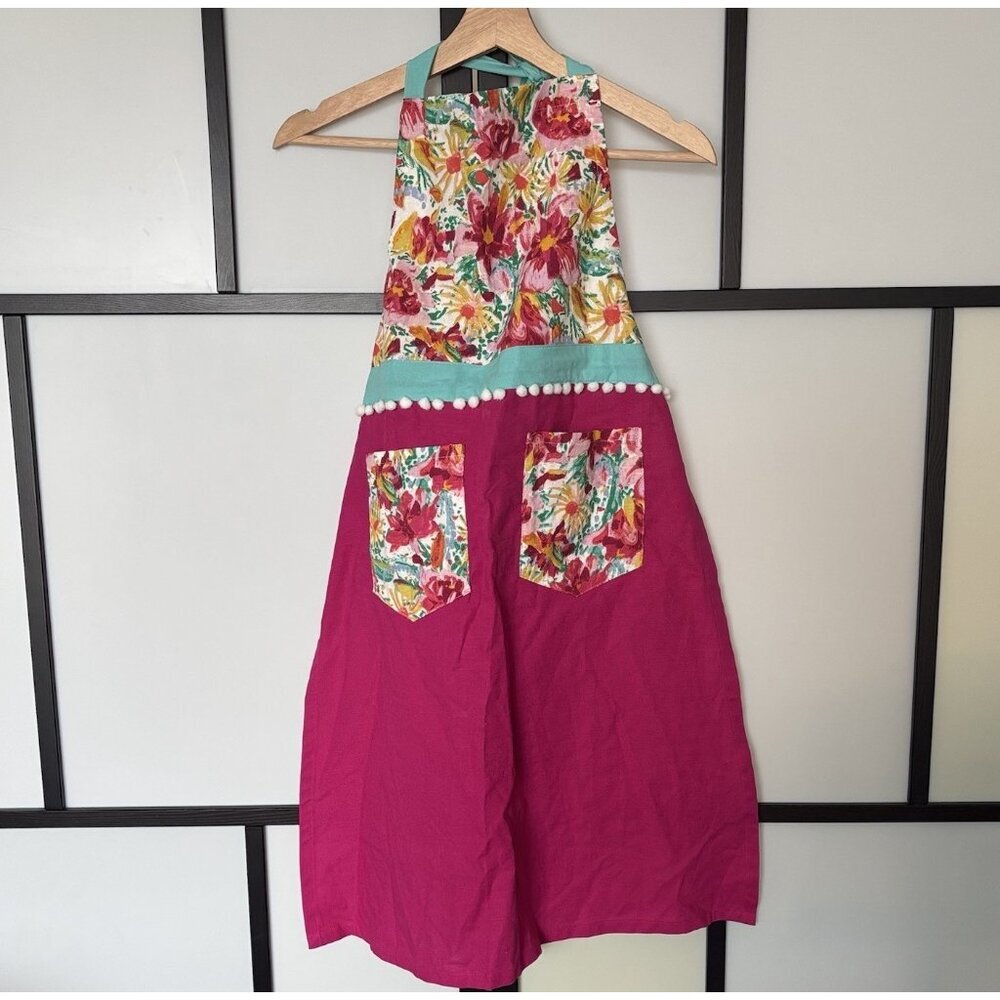 Opalhouse Cooking Apron Floral Pink Pom Pom Cotton Pockets Boho Preppy Summer